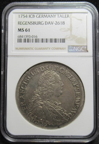 1754年ICB ドイツ レーゲンスブルク 1ターラー 銀貨 MS61 NGC 都市景観 フランツ1世 準最高鑑定