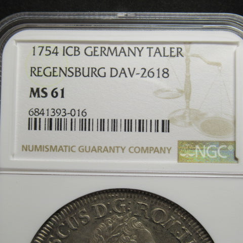 1754年ICB ドイツ レーゲンスブルク 1ターラー 銀貨 MS61 NGC 都市景観 フランツ1世 準最高鑑定