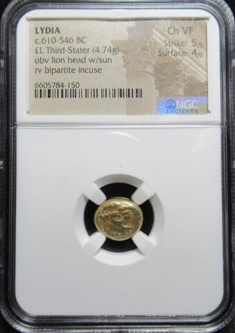 紀元前610-546年 リディア 1/3ステーター Ch VF Strike:5/5 Surface:4/5 NGC エレクトラム貨