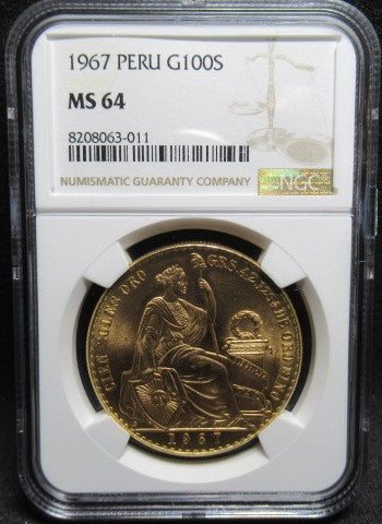 1967年 ペルー 100ソル 金貨 MS64 NGC 女神の座像