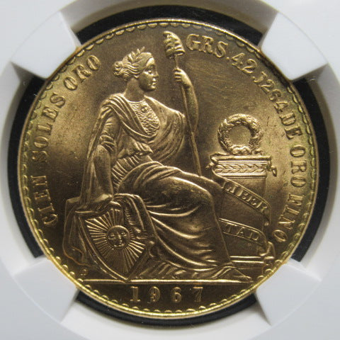 1967年 ペルー 100ソル 金貨 MS64 NGC 女神の座像