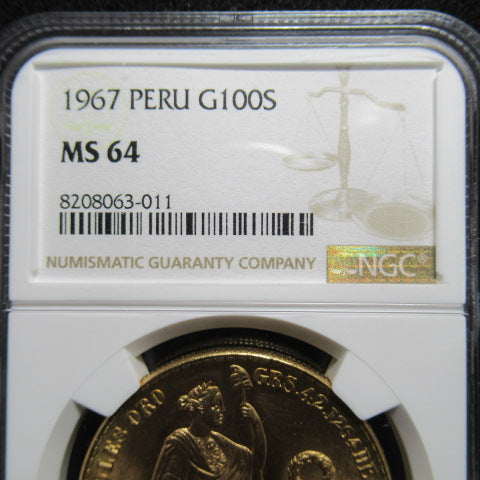 1967年 ペルー 100ソル 金貨 MS64 NGC 女神の座像