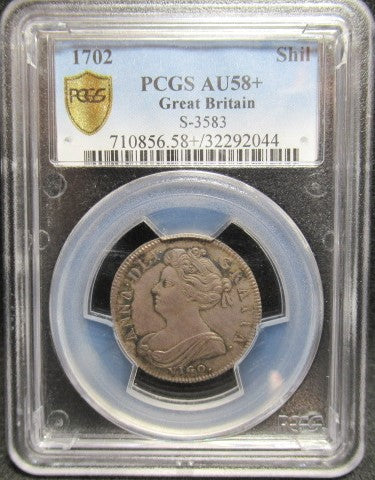 1702年 イギリス 銀貨 アン女王 1シリング ”VIGO”刻印 AU58+ PCGS 最高鑑定