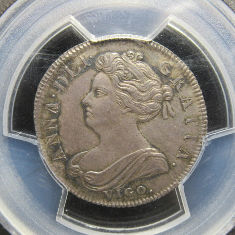 1702年 イギリス 銀貨 アン女王 1シリング ”VIGO”刻印 AU58+ PCGS 最高鑑定