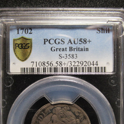 1702年 イギリス 銀貨 アン女王 1シリング ”VIGO”刻印 AU58+ PCGS 最高鑑定
