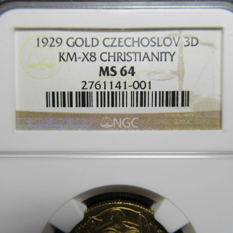 1929年 チェコスロバキア 3ダカット Christianity 金貨 MS64 NGC