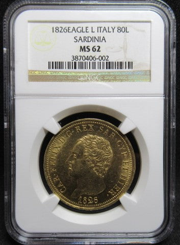 【TopPop】1826年 イタリア 80リラ 金貨 MS62 NGC サルディニア 最高鑑定