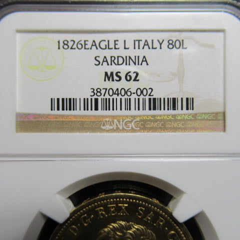 【TopPop】1826年 イタリア 80リラ 金貨 MS62 NGC サルディニア 最高鑑定