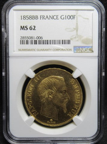 1858年BB フランス ナポレオン3世 無冠 100フラン 金貨 MS62 NGC