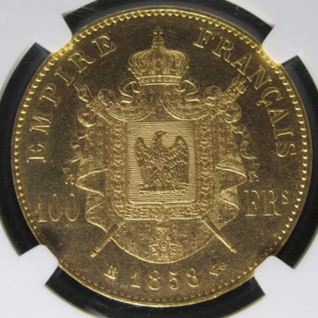 1858年BB フランス ナポレオン3世 無冠 100フラン 金貨 MS62 NGC