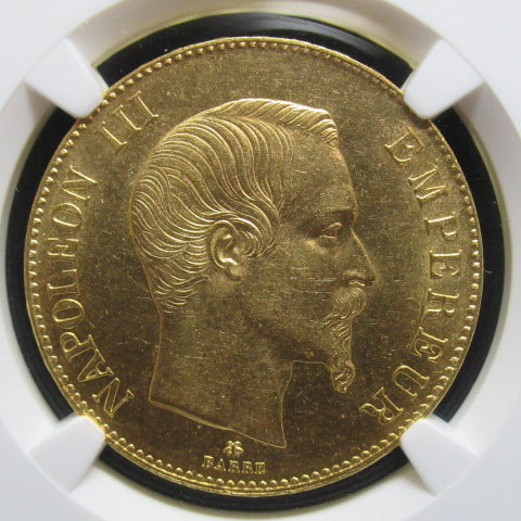 1858年BB フランス ナポレオン3世 無冠 100フラン 金貨 MS62 NGC