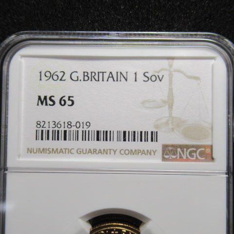 1962年 イギリス 金貨 1ソブリン エリザベス2世 MS65 NGC
