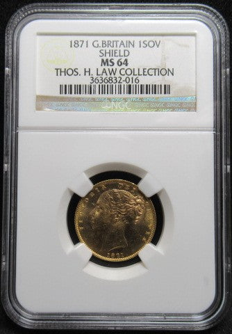 1871年 イギリス 金貨 1ソブリン ヴィクトリア MS64 シールド NGC