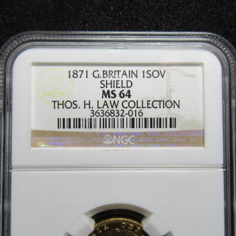 1871年 イギリス 金貨 1ソブリン ヴィクトリア MS64 シールド NGC