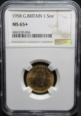 1958年 イギリス 金貨 1ソブリン エリザベス2世 MS65+ NGC