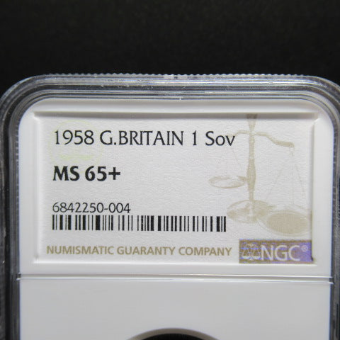 1958年 イギリス 金貨 1ソブリン エリザベス2世 MS65+ NGC