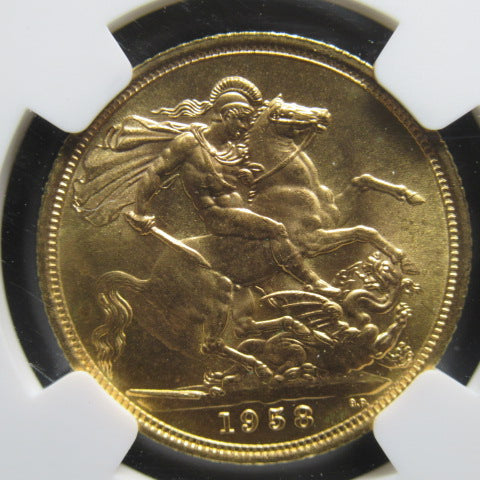 1958年 イギリス 金貨 1ソブリン エリザベス2世 MS65+ NGC