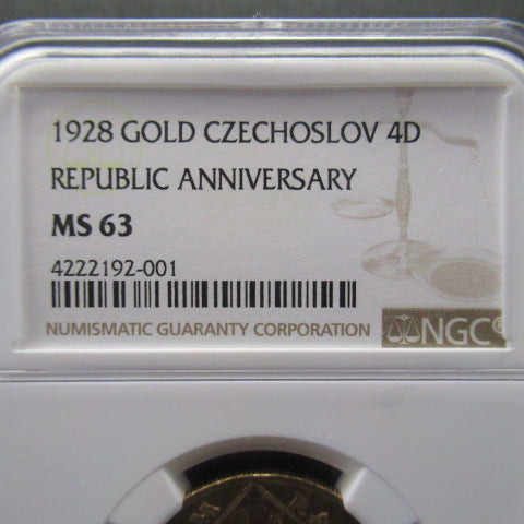 1928年 チェコスロバキア 4ダカット 金貨 MS63 NGC チェコスロバキア建国10周年