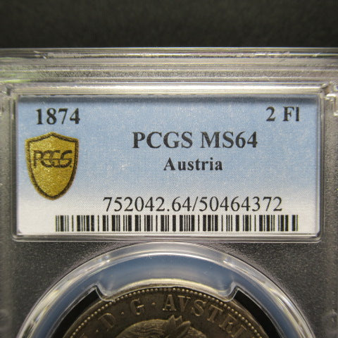 【TopPop】1874年 オーストリア 2フローリン銀貨 PCGS MS64 最高鑑定 フランツ・ヨーゼフ1世