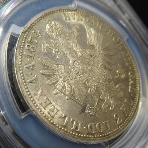 【TopPop】1874年 オーストリア 2フローリン銀貨 PCGS MS64 最高鑑定 フランツ・ヨーゼフ1世