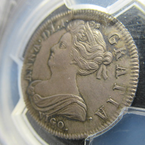 1702年 イギリス 銀貨 アン女王 1シリング ”VIGO”刻印 AU58+ PCGS 最高鑑定