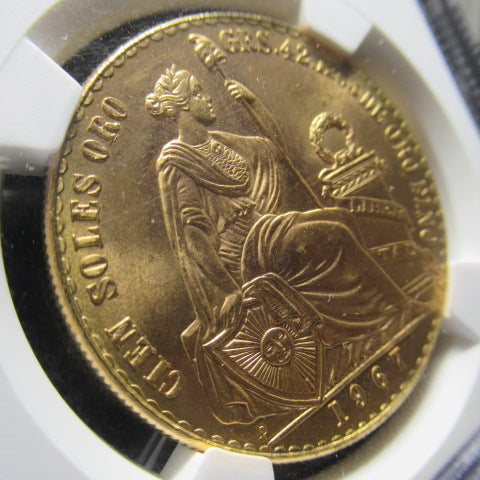 1967年 ペルー 100ソル 金貨 MS64 NGC 女神の座像