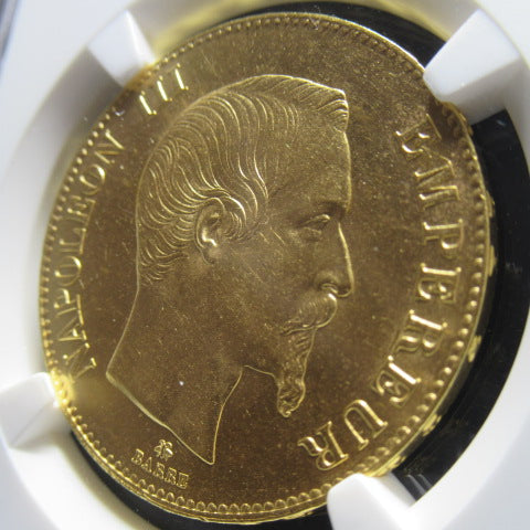 1858年BB フランス ナポレオン3世 無冠 100フラン 金貨 MS62 NGC