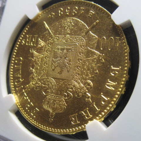 1858年BB フランス ナポレオン3世 無冠 100フラン 金貨 MS62 NGC