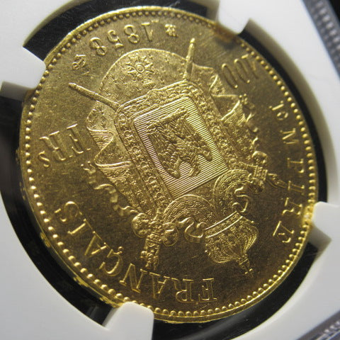 1858年BB フランス ナポレオン3世 無冠 100フラン 金貨 MS62 NGC