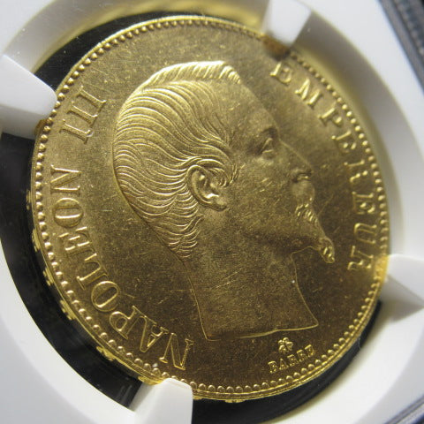 1858年BB フランス ナポレオン3世 無冠 100フラン 金貨 MS62 NGC