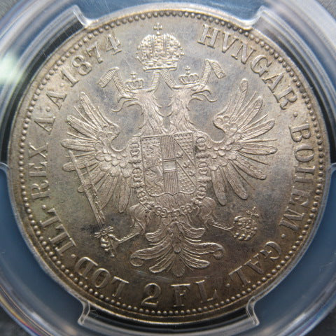 【TopPop】1874年 オーストリア 2フローリン銀貨 PCGS MS64 最高鑑定 フランツ・ヨーゼフ1世