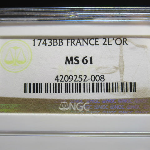1743年 フランス 2ルイドール金貨 ストラスブール造幣局(BB) MS61