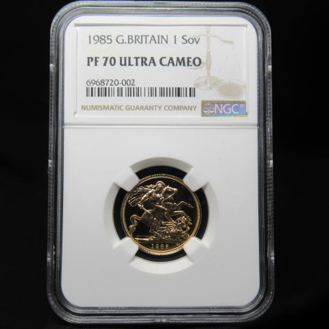 1985年 イギリス １ソブリン金貨 プルーフ70ウルトラカメオ エリザベス2世
