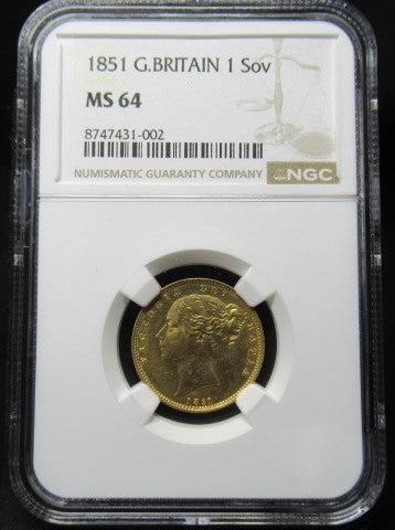 1851年 イギリス ヴィクトリア 1ソブリン金貨 NGC MS64 シールドタイプ