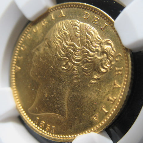 1851年 イギリス ヴィクトリア 1ソブリン金貨 NGC MS64 シールドタイプ