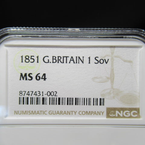 1851年 イギリス ヴィクトリア 1ソブリン金貨 NGC MS64 シールドタイプ