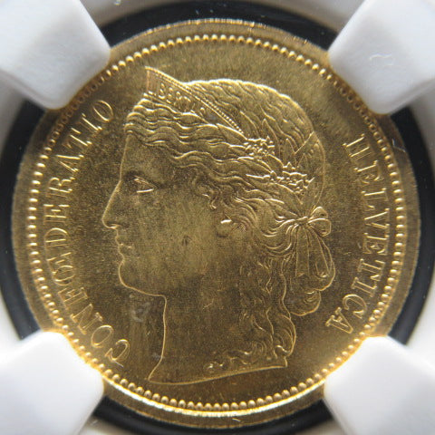 【1883年 初年度発行】スイス ヘルベティア 20フラン金貨 NGC MS65 (Confederation gold)