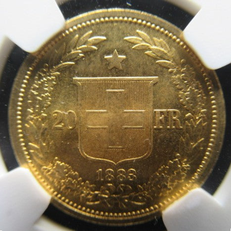 【1883年 初年度発行】スイス ヘルベティア 20フラン金貨 NGC MS65 (Confederation gold)