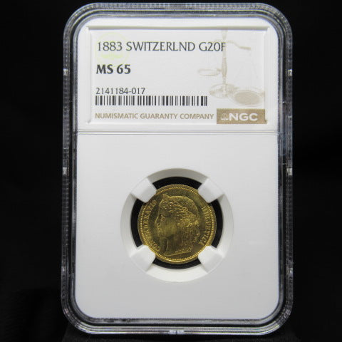 【1883年 初年度発行】スイス ヘルベティア 20フラン金貨 NGC MS65 (Confederation gold)