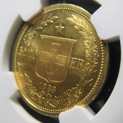 【1883年 初年度発行】スイス ヘルベティア 20フラン金貨 NGC MS65 (Confederation gold)