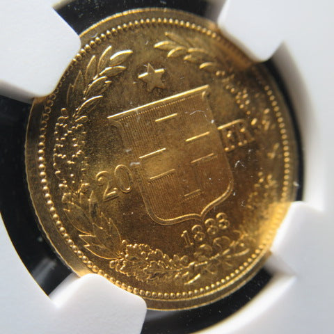 【1883年 初年度発行】スイス ヘルベティア 20フラン金貨 NGC MS65 (Confederation gold)