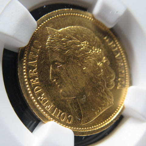 【1883年 初年度発行】スイス ヘルベティア 20フラン金貨 NGC MS65 (Confederation gold)